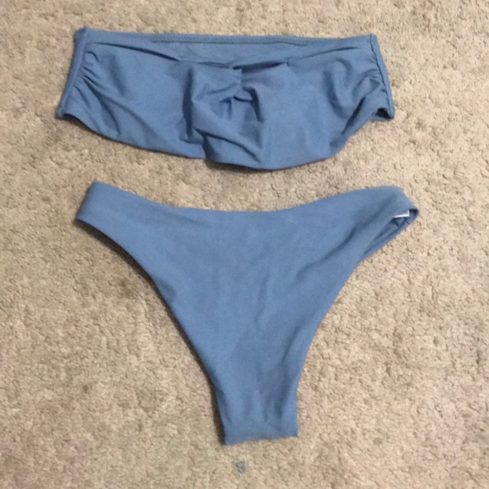 blue bandeau bikini set.